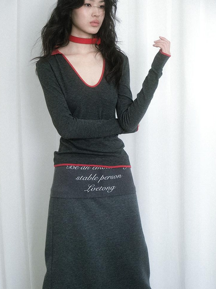 Soft Cotton Blend Vintage H Line Straight Long Solid Gray Women Maxi Skirts