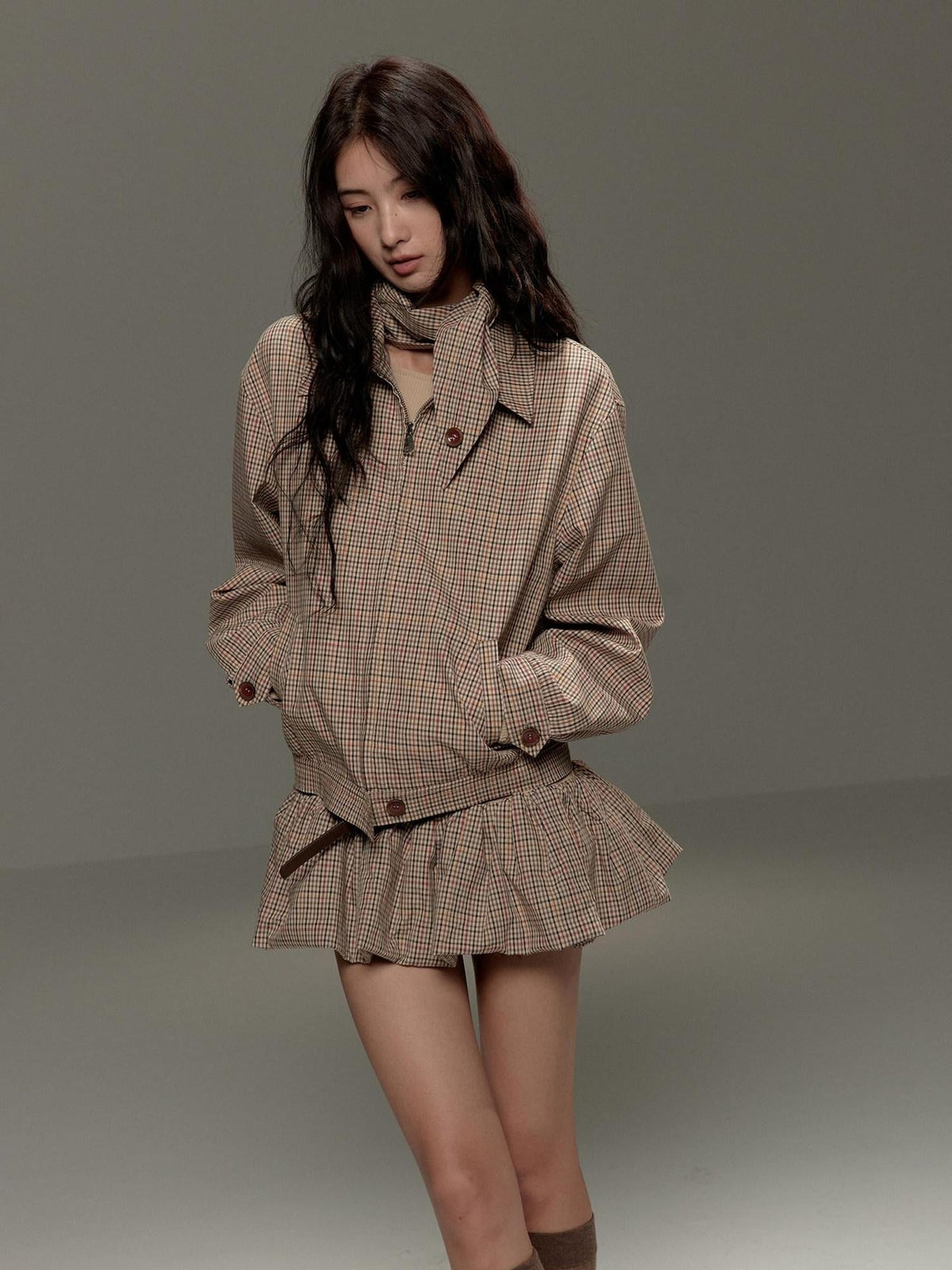Soft Cotton Cropped Zip Plaid Houndstooth Street Loose Fit Women Casual Jackets