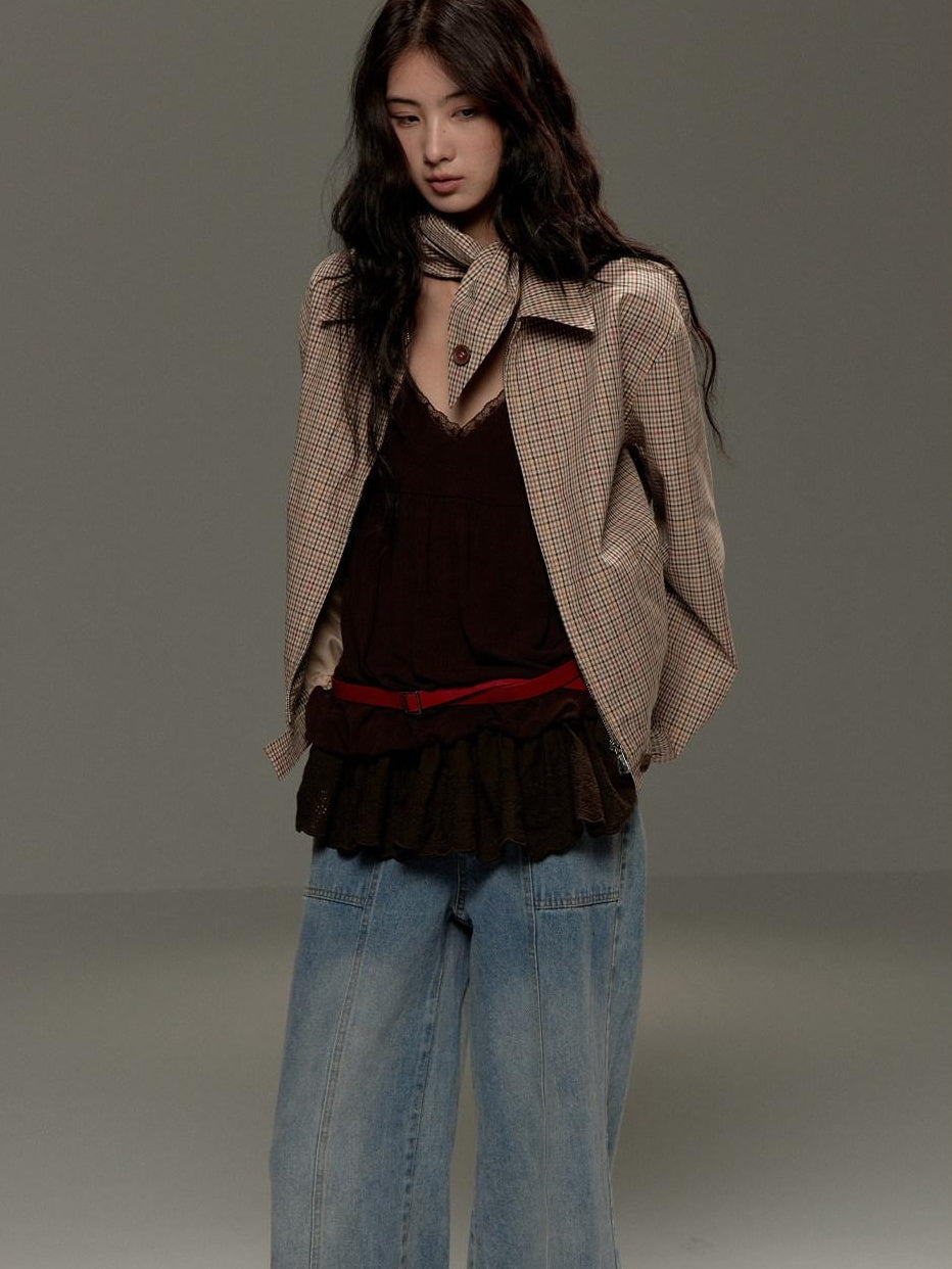 Soft Cotton Cropped Zip Plaid Houndstooth Street Loose Fit Women Casual Jackets