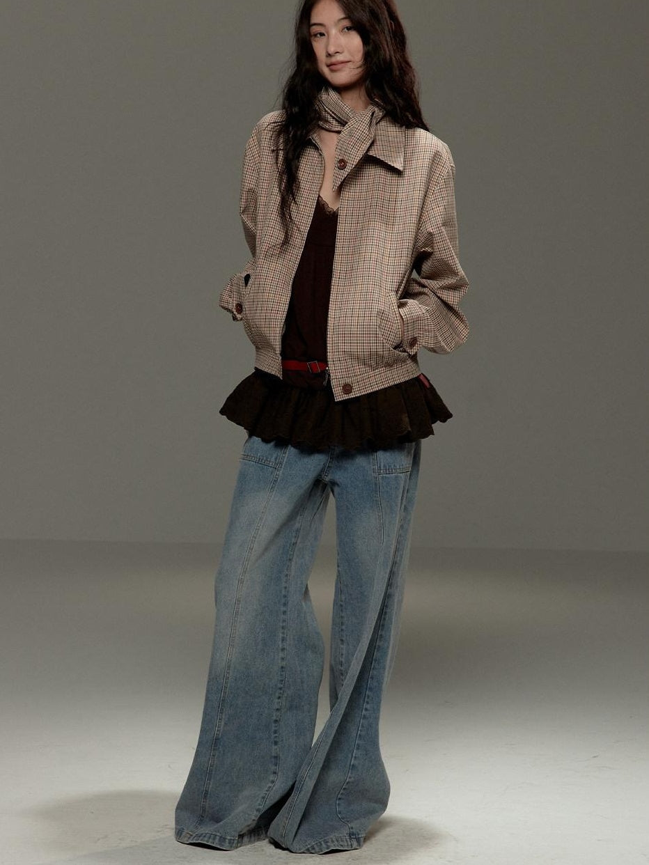 Soft Cotton Cropped Zip Plaid Houndstooth Street Loose Fit Women Casual Jackets