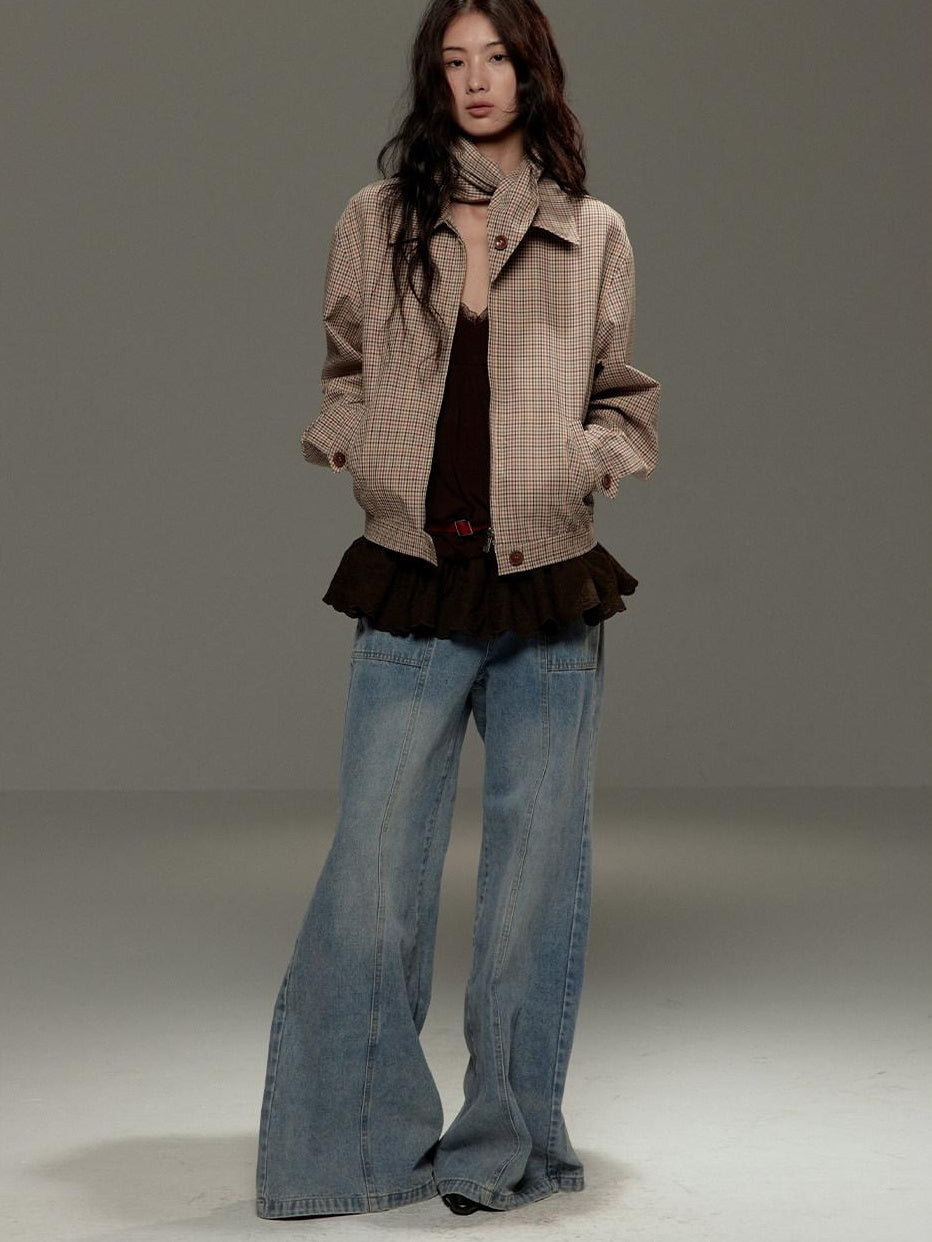 Soft Cotton Cropped Zip Plaid Houndstooth Street Loose Fit Women Casual Jackets