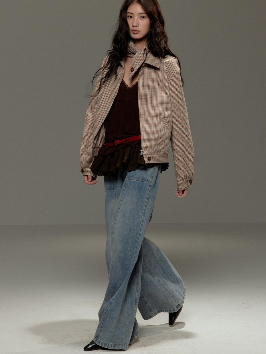Soft Cotton Cropped Zip Plaid Houndstooth Street Loose Fit Women Casual Jackets