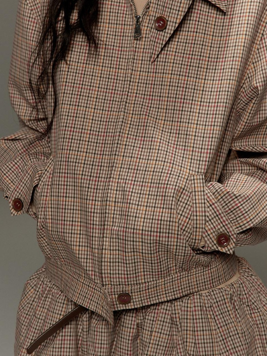 Soft Cotton Cropped Zip Plaid Houndstooth Street Loose Fit Women Casual Jackets