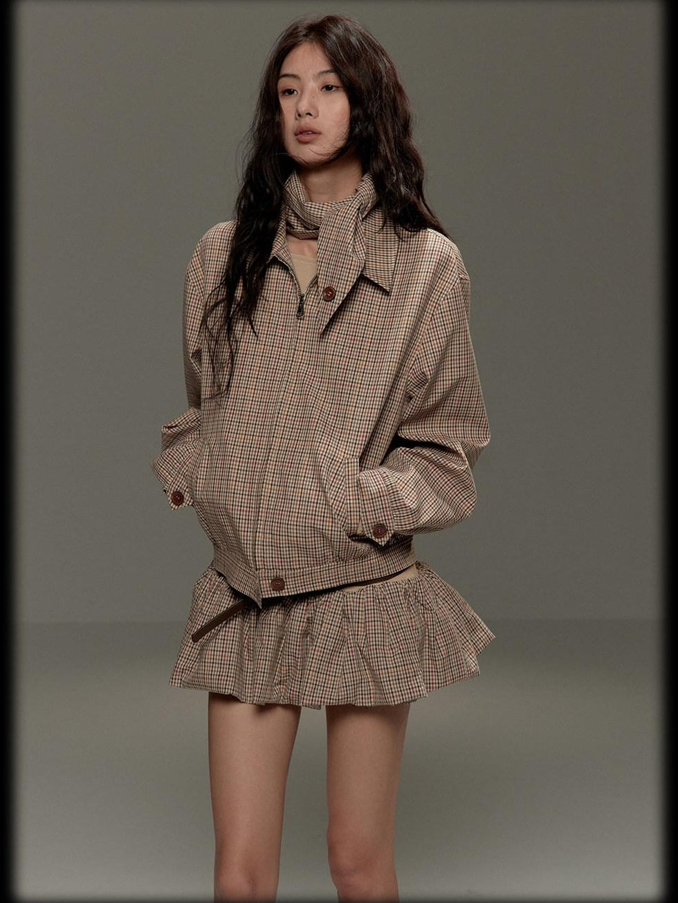Soft Cotton Cropped Zip Plaid Houndstooth Street Loose Fit Women Casual Jackets