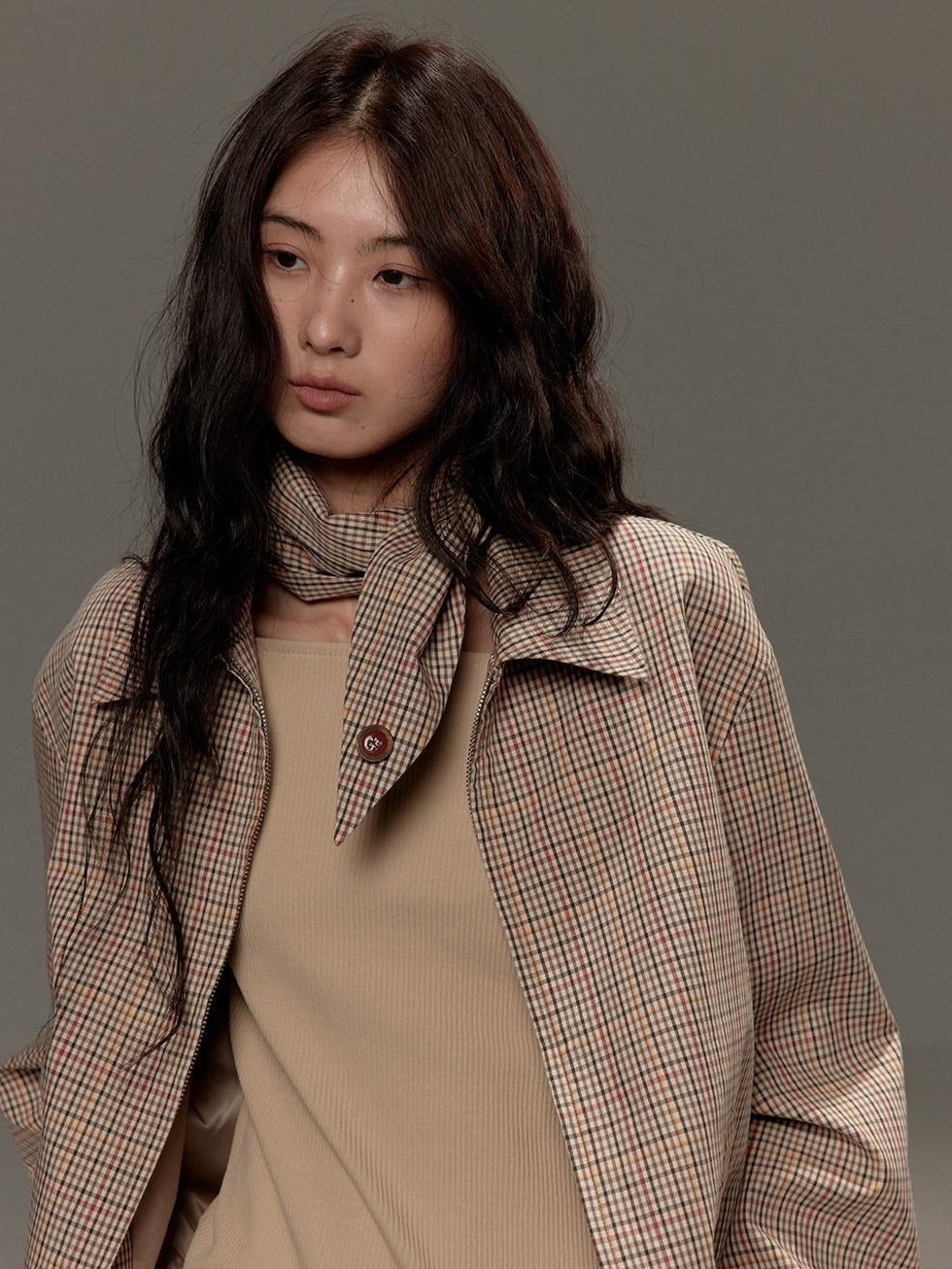 Soft Cotton Cropped Zip Plaid Houndstooth Street Loose Fit Women Casual Jackets
