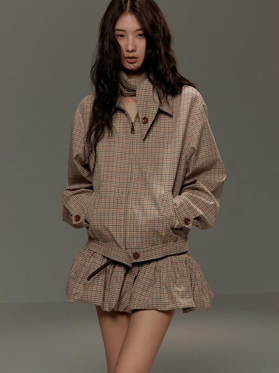Soft Cotton Cropped Zip Plaid Houndstooth Street Loose Fit Women Casual Jackets