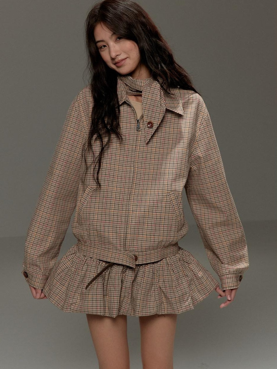 Soft Cotton Cropped Zip Plaid Houndstooth Street Loose Fit Women Casual Jackets