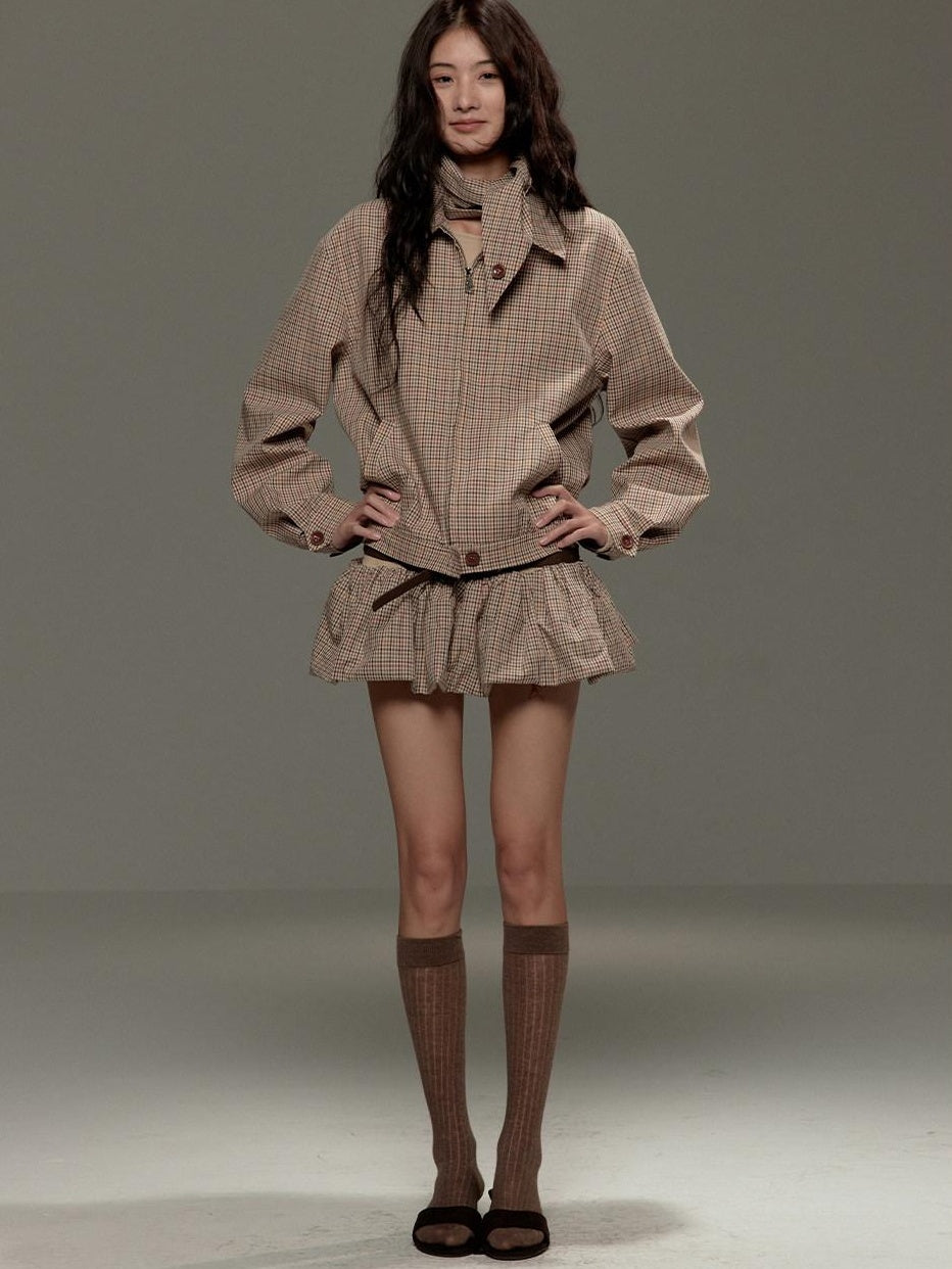 Soft Cotton Cropped Zip Plaid Houndstooth Street Loose Fit Women Casual Jackets