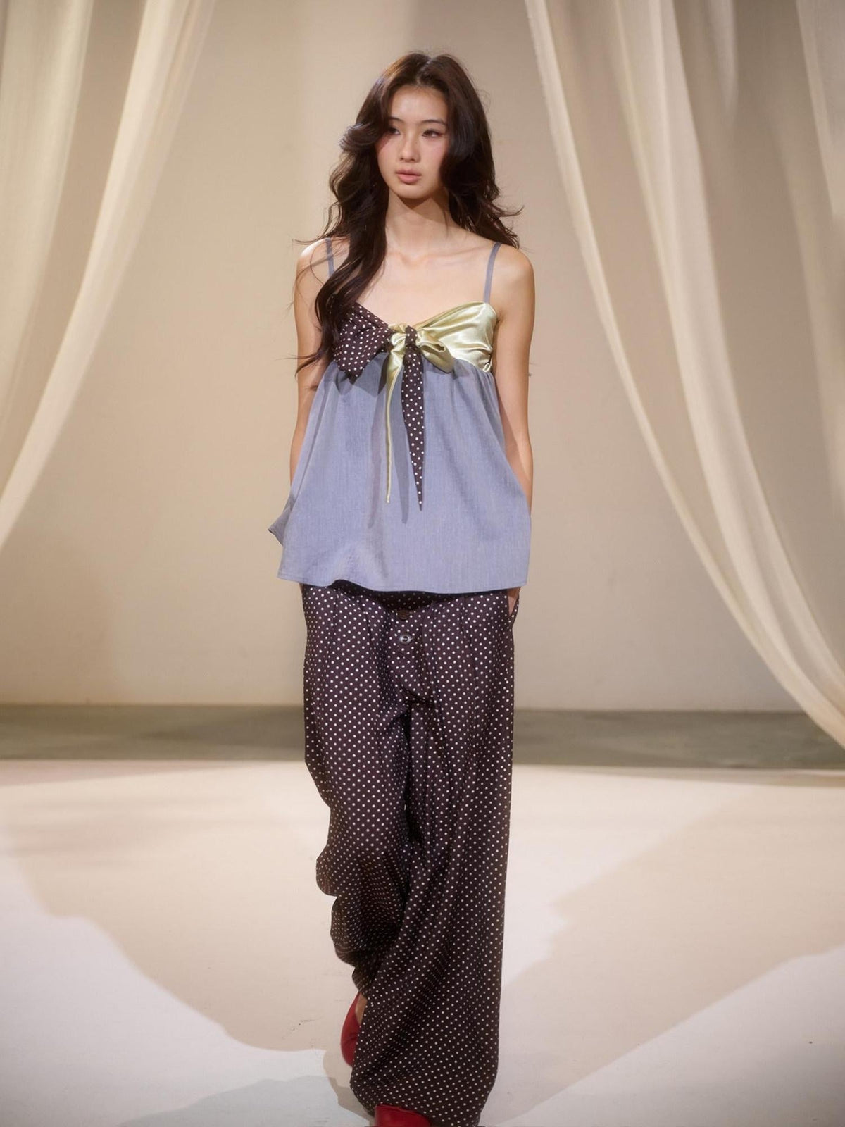 Soft Rayon Street Sporty Polka Dot Women Low Waist Wide-Leg Pants