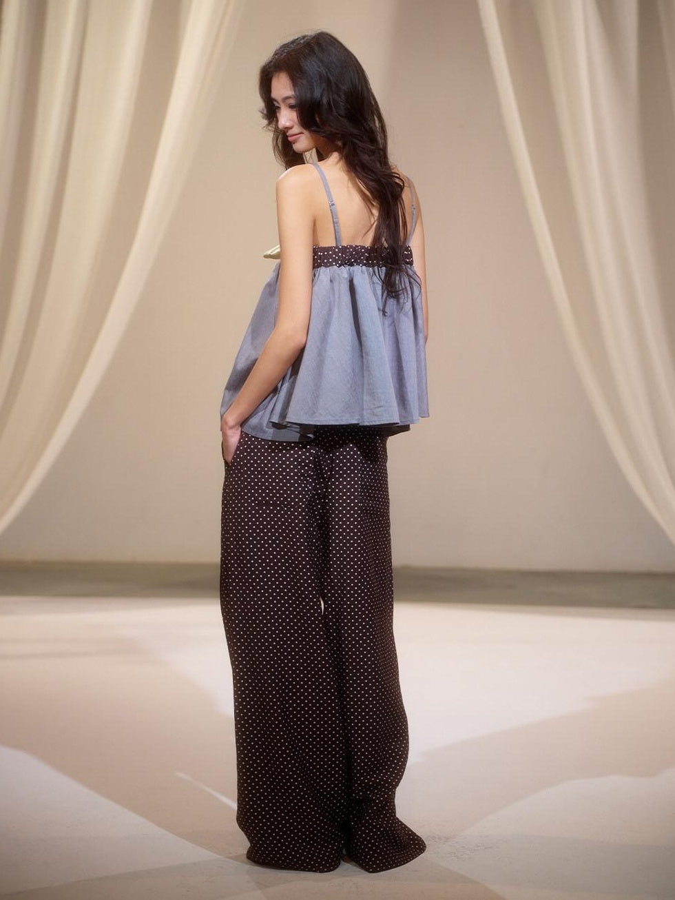 Soft Rayon Street Sporty Polka Dot Women Low Waist Wide-Leg Pants