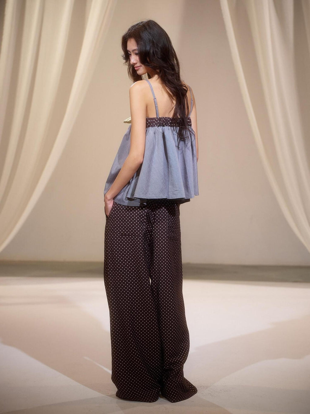 Soft Rayon Street Sporty Polka Dot Women Low Waist Wide-Leg Pants