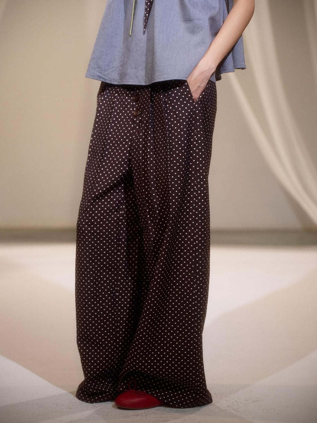 Soft Rayon Street Sporty Polka Dot Women Low Waist Wide-Leg Pants