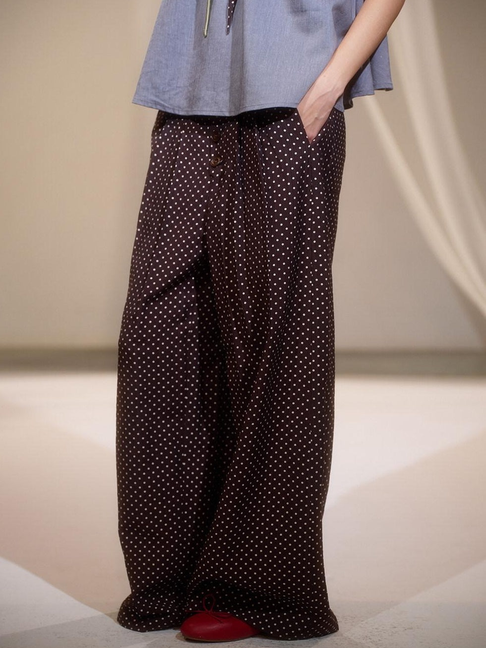 Soft Rayon Street Sporty Polka Dot Women Low Waist Wide-Leg Pants