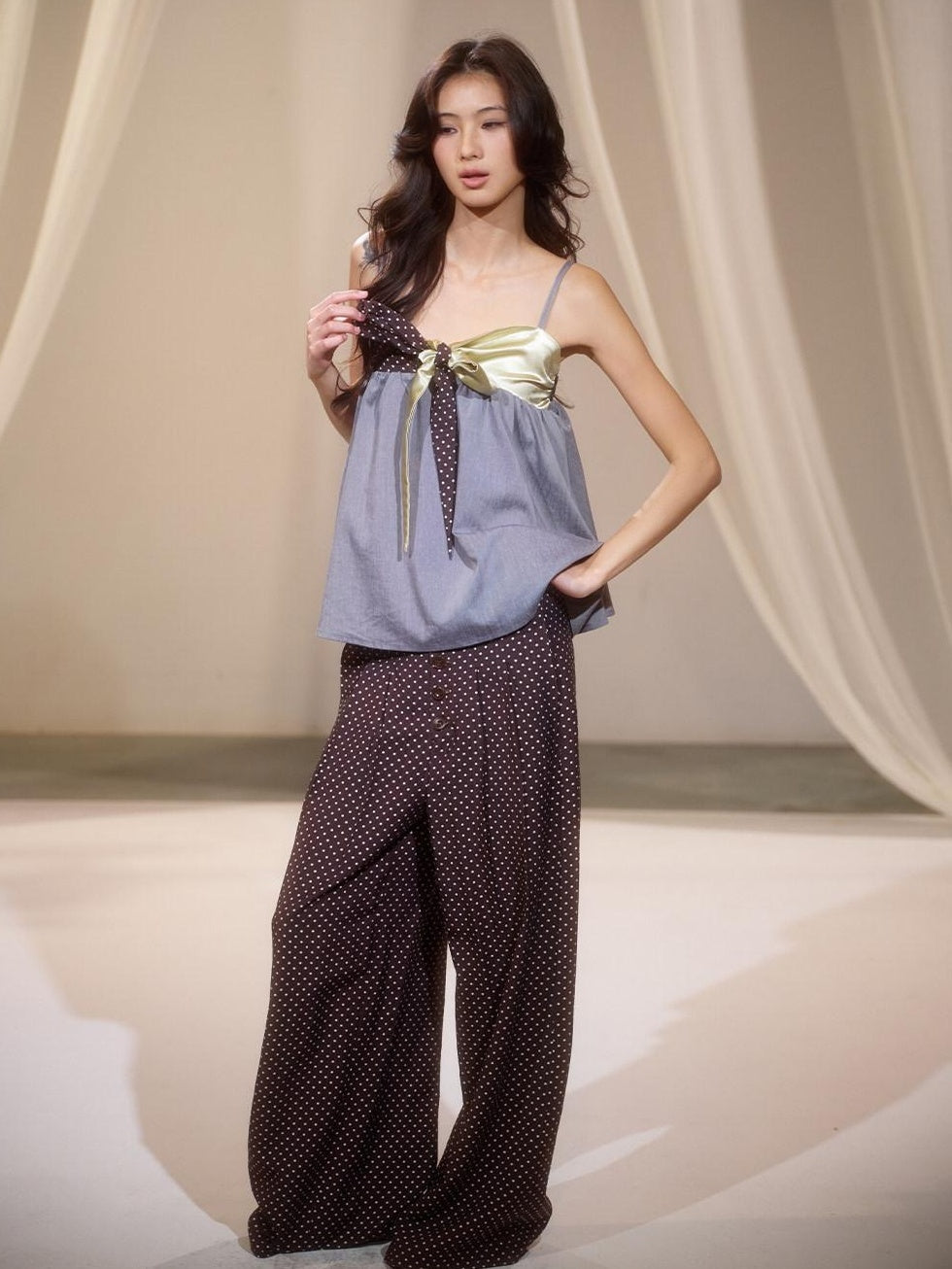 Soft Rayon Street Sporty Polka Dot Women Low Waist Wide-Leg Pants