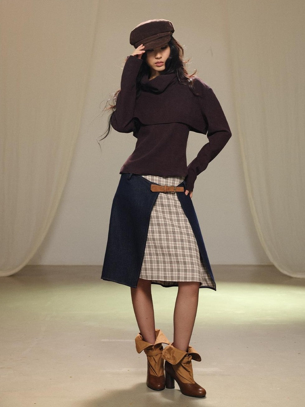 Two Piece Layered Stacked Neck Slim Fit Women's Corduroy Long Sleeve T-shirts
