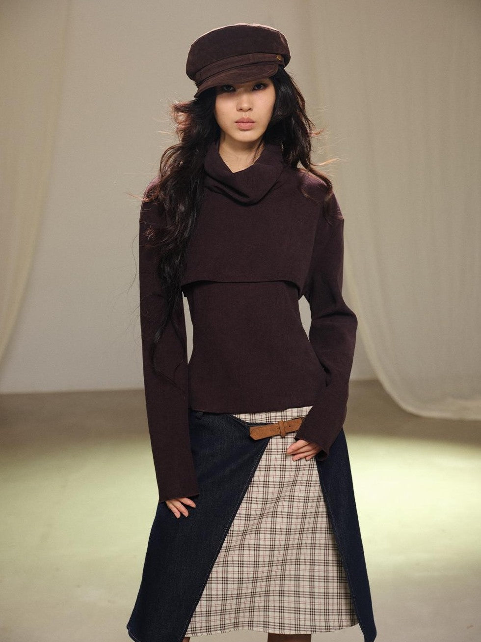 Two Piece Layered Stacked Neck Slim Fit Women's Corduroy Long Sleeve T-shirts