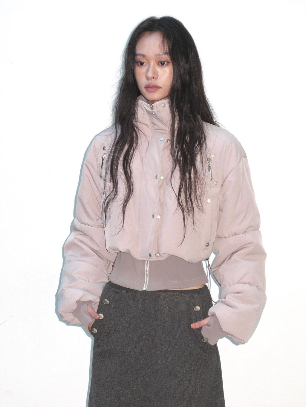 Warm Street Loose Fit Stand Collar Short Zip Grey Purple Puffer Jackets