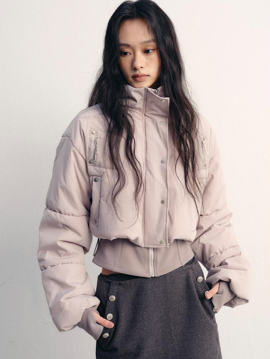 Warm Street Loose Fit Stand Collar Short Zip Grey Purple Puffer Jackets