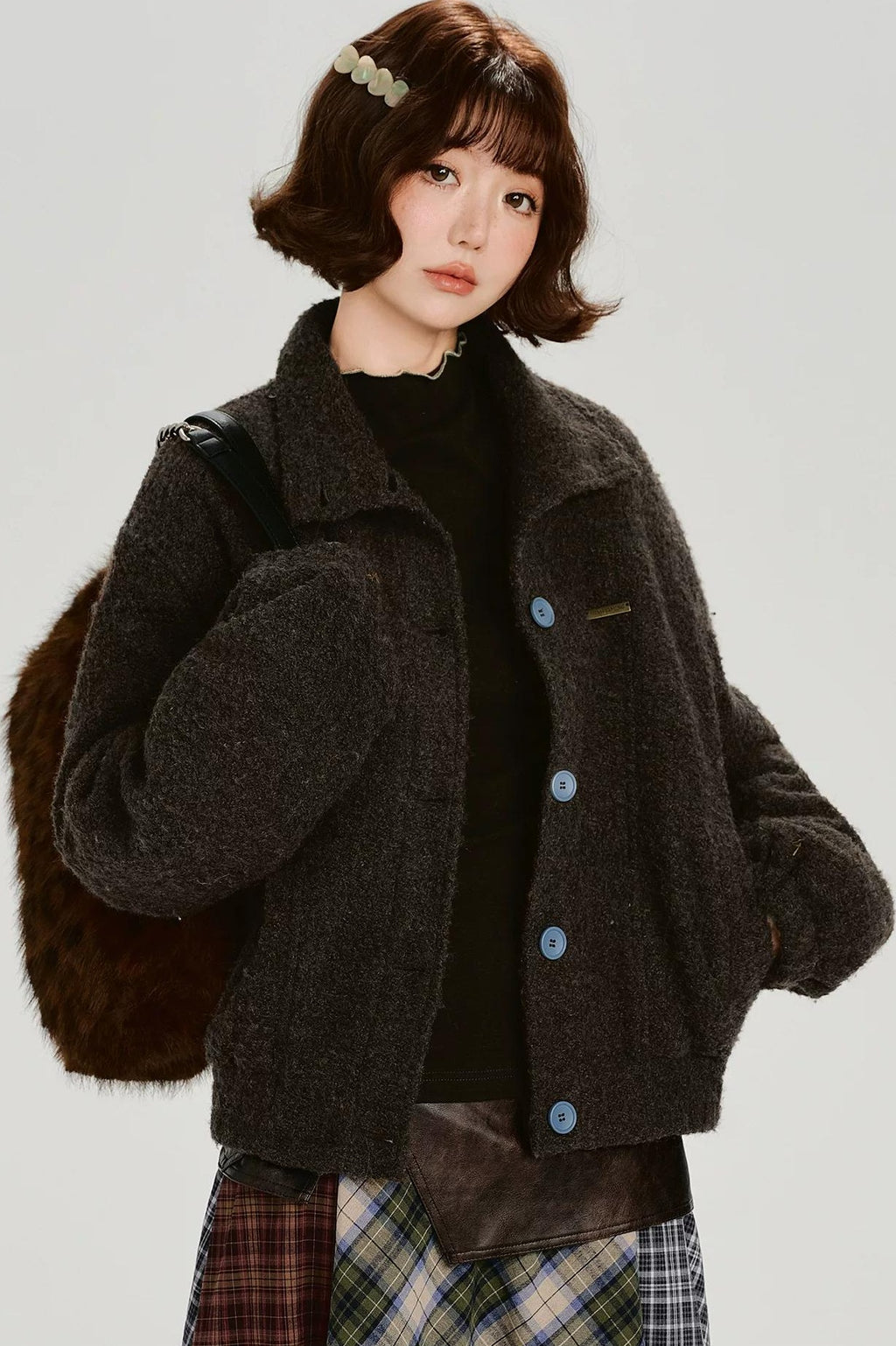 Girlyhalo |  RETRO FUR COLLAR TWEED JACKET【ID:TN00012】