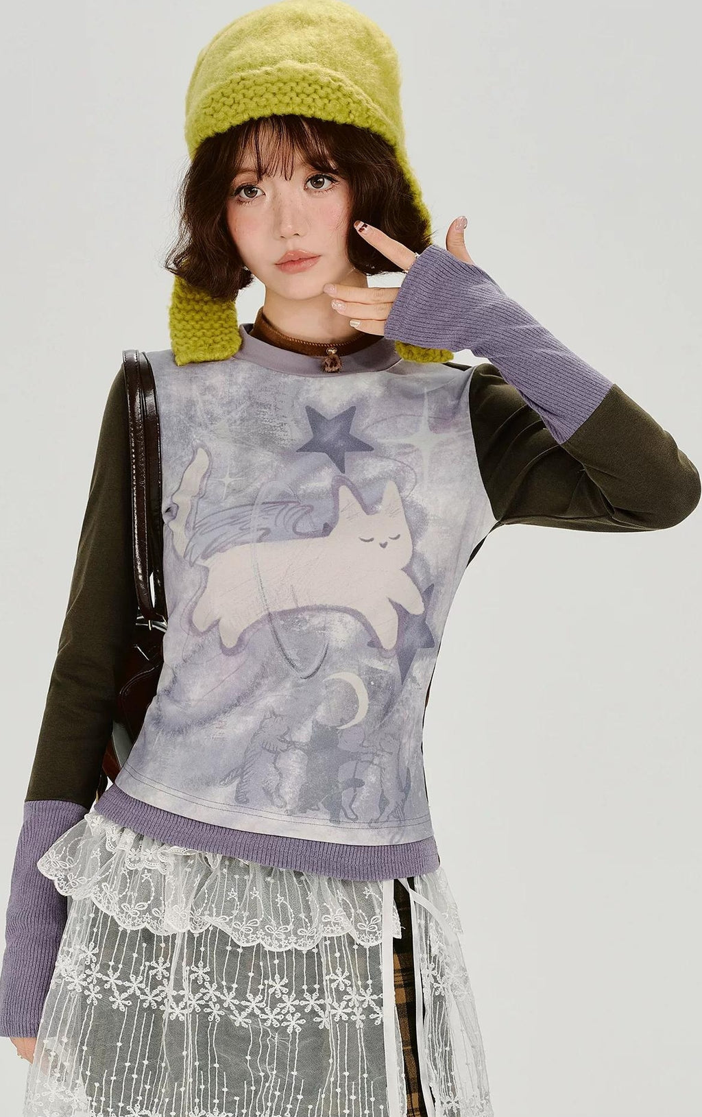 Girlyhalo |  RETRO CARTOON SPLICED LONG SLEEVE T-SHIRT【ID:TN00014】