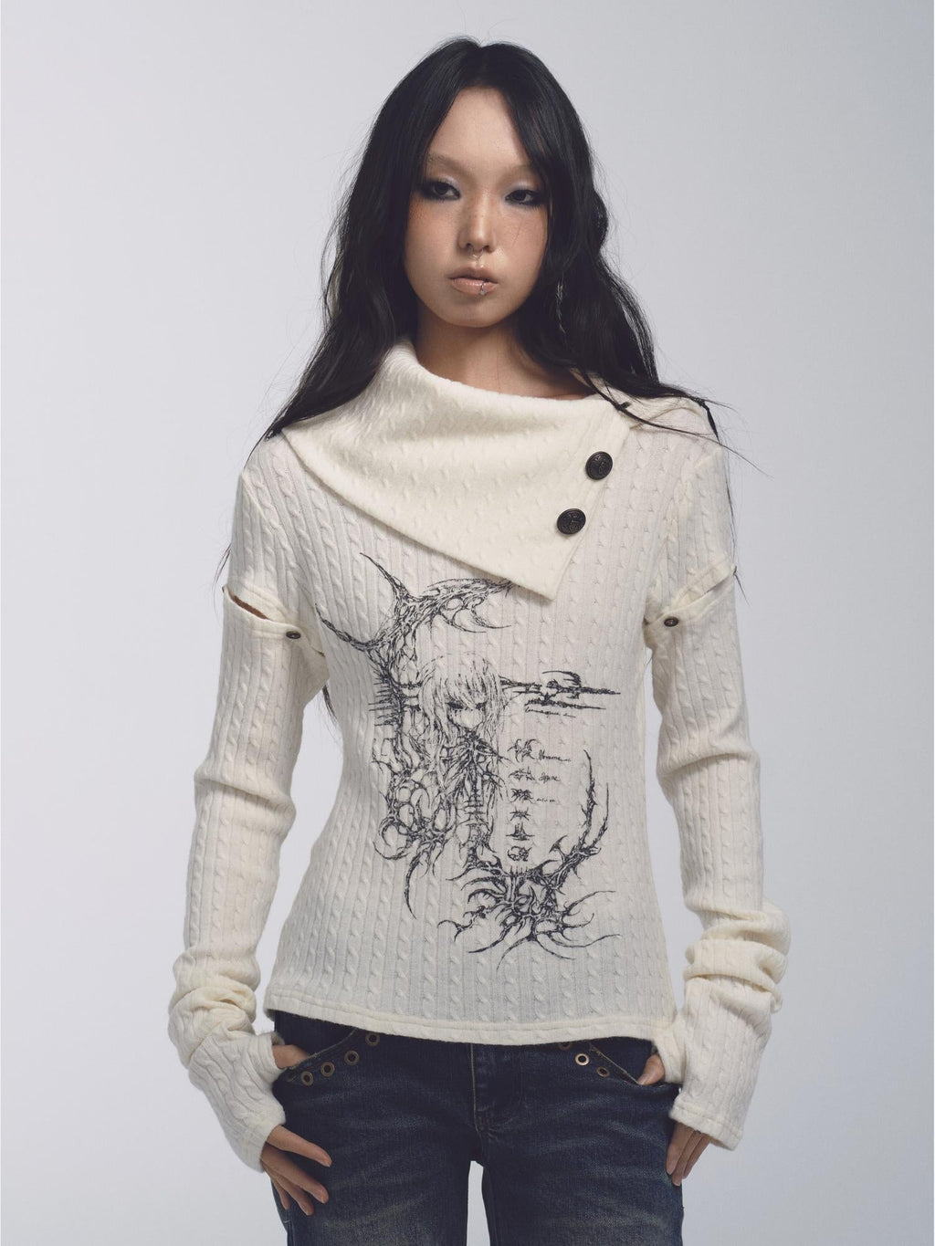 Stretch Cable Knit Suit With Detachable Sleeves And Deform Neckline