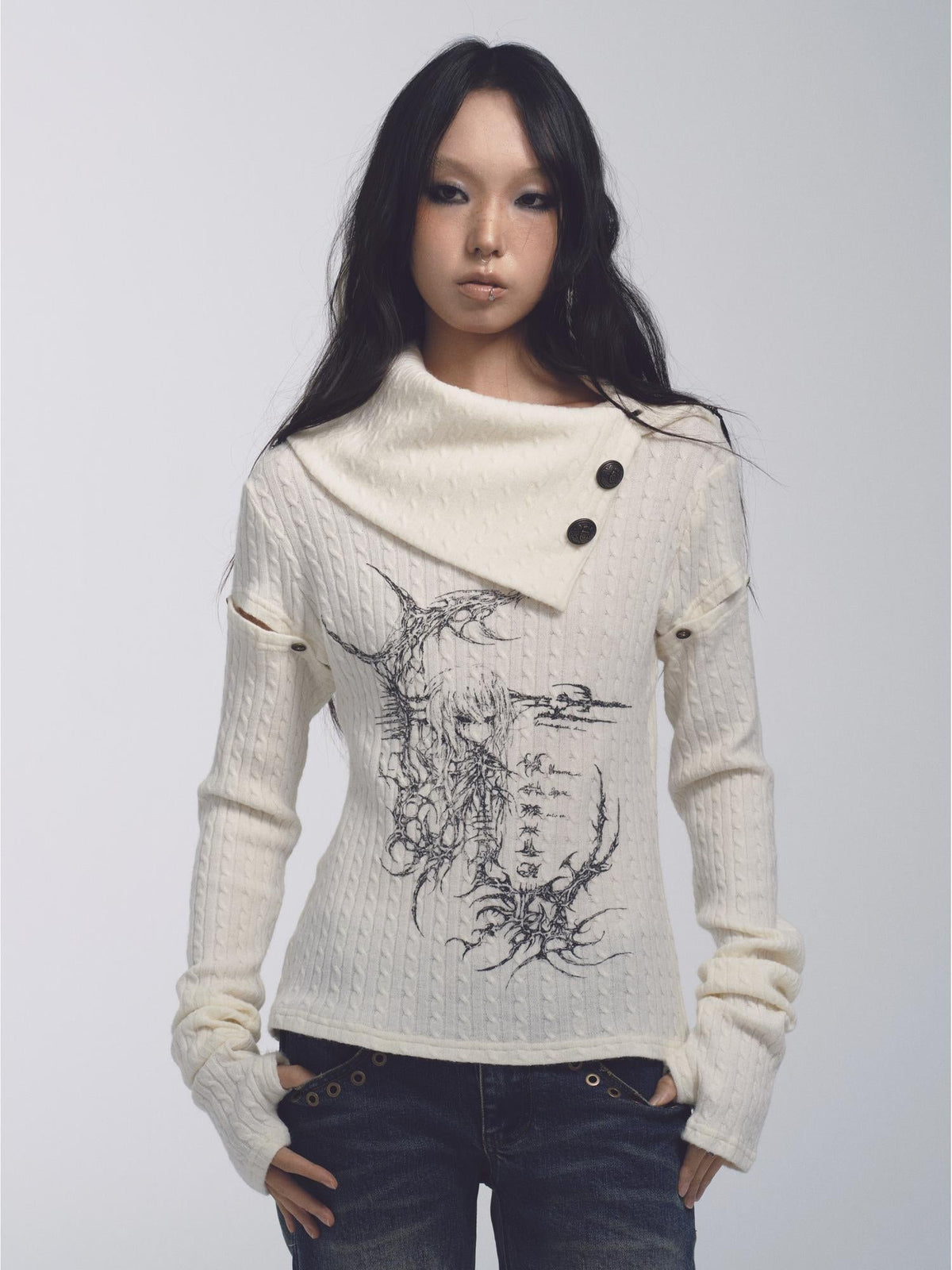 Stretch Cable Knit Suit With Detachable Sleeves And Deform Neckline