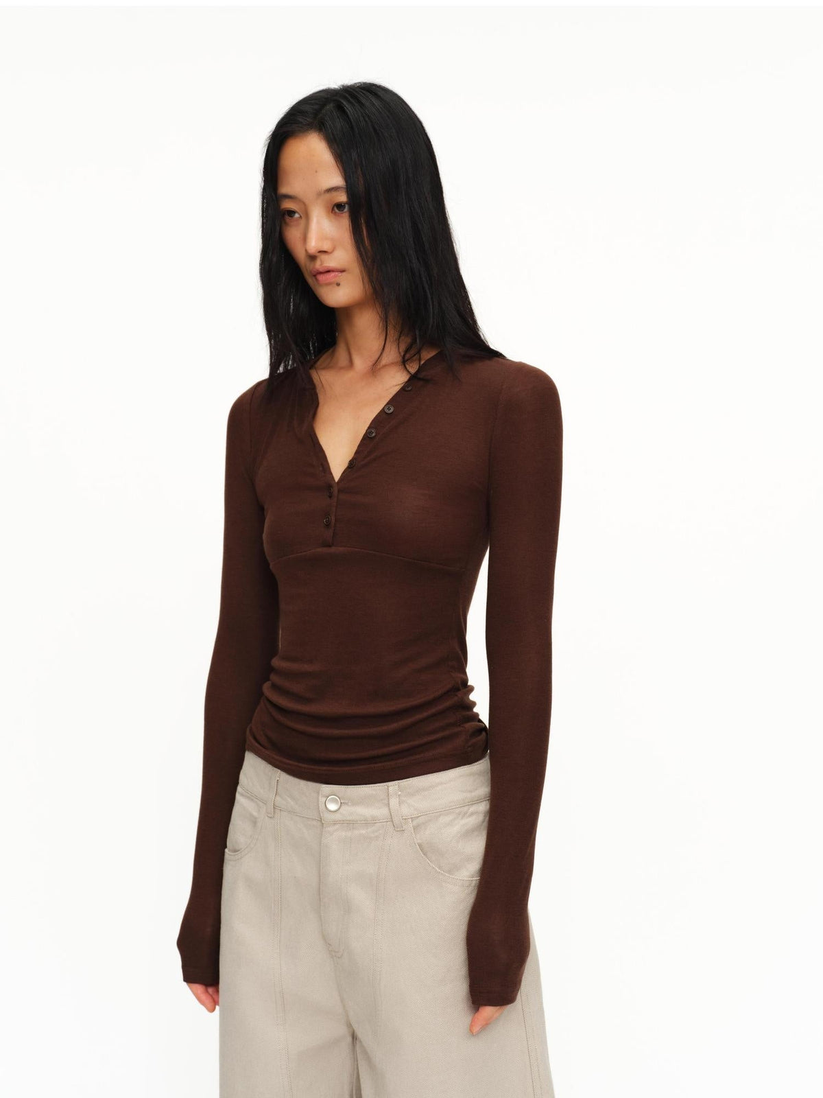 Breathable Lyocell Wool Slim Fit V-ceck Button Long Sleeve Unisex T-Shirt