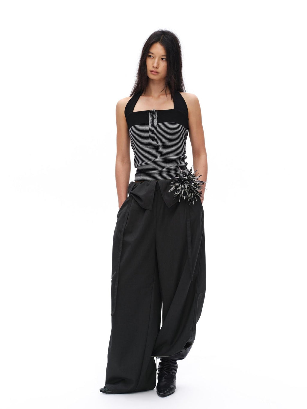 Charcoal Gray Paperbag Tie Waist Women'S Polyester Viscose Wide-Leg Pants