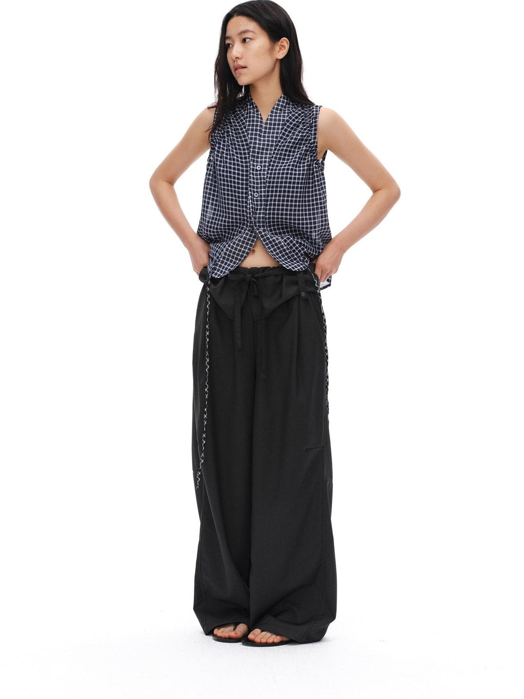 Charcoal Gray Paperbag Tie Waist Women'S Polyester Viscose Wide-Leg Pants