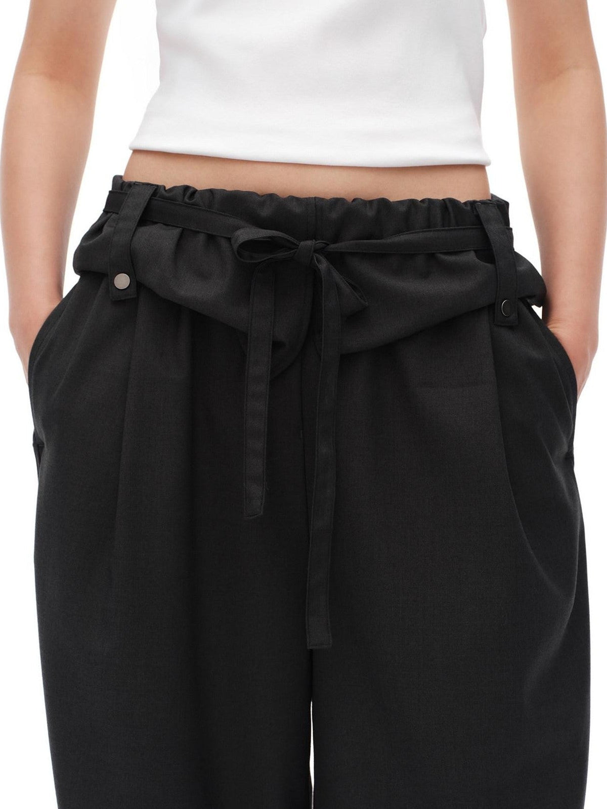 Charcoal Gray Paperbag Tie Waist Women'S Polyester Viscose Wide-Leg Pants