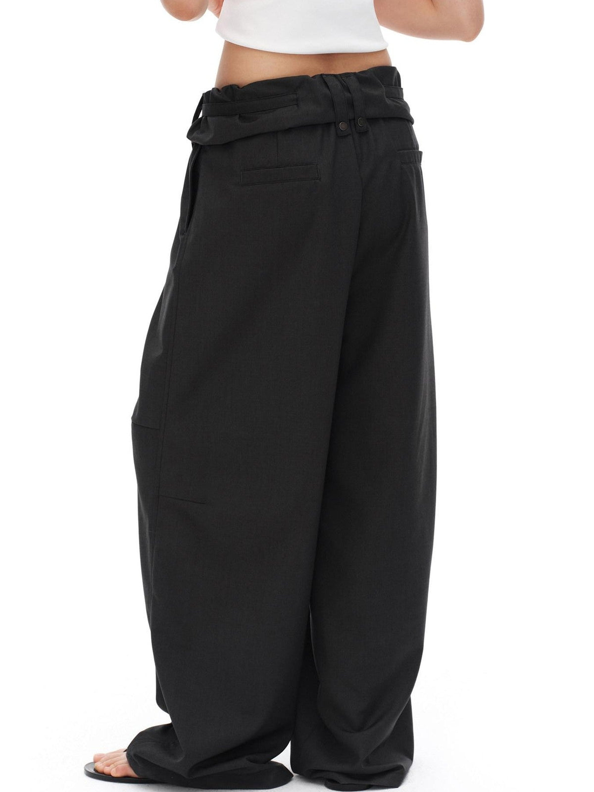 Charcoal Gray Paperbag Tie Waist Women'S Polyester Viscose Wide-Leg Pants