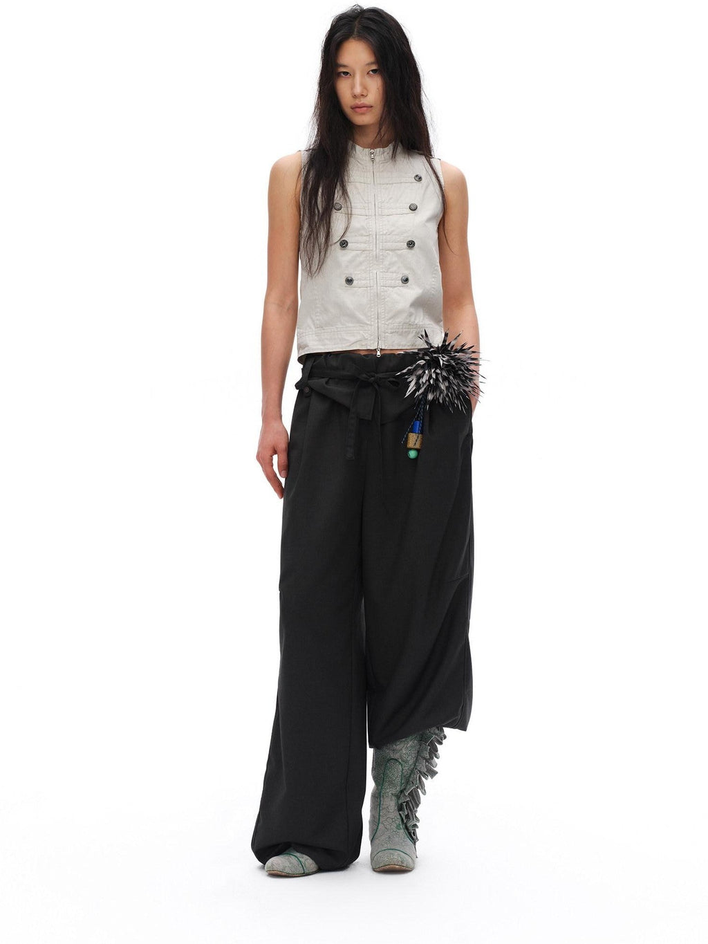 Charcoal Gray Paperbag Tie Waist Women'S Polyester Viscose Wide-Leg Pants