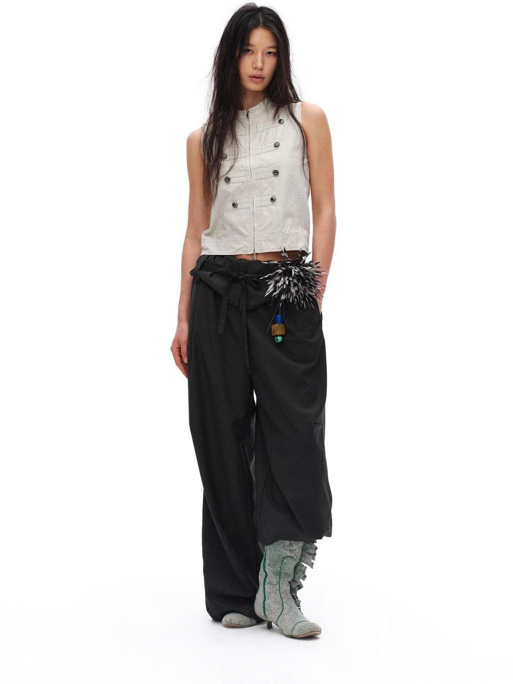 Charcoal Gray Paperbag Tie Waist Women'S Polyester Viscose Wide-Leg Pants