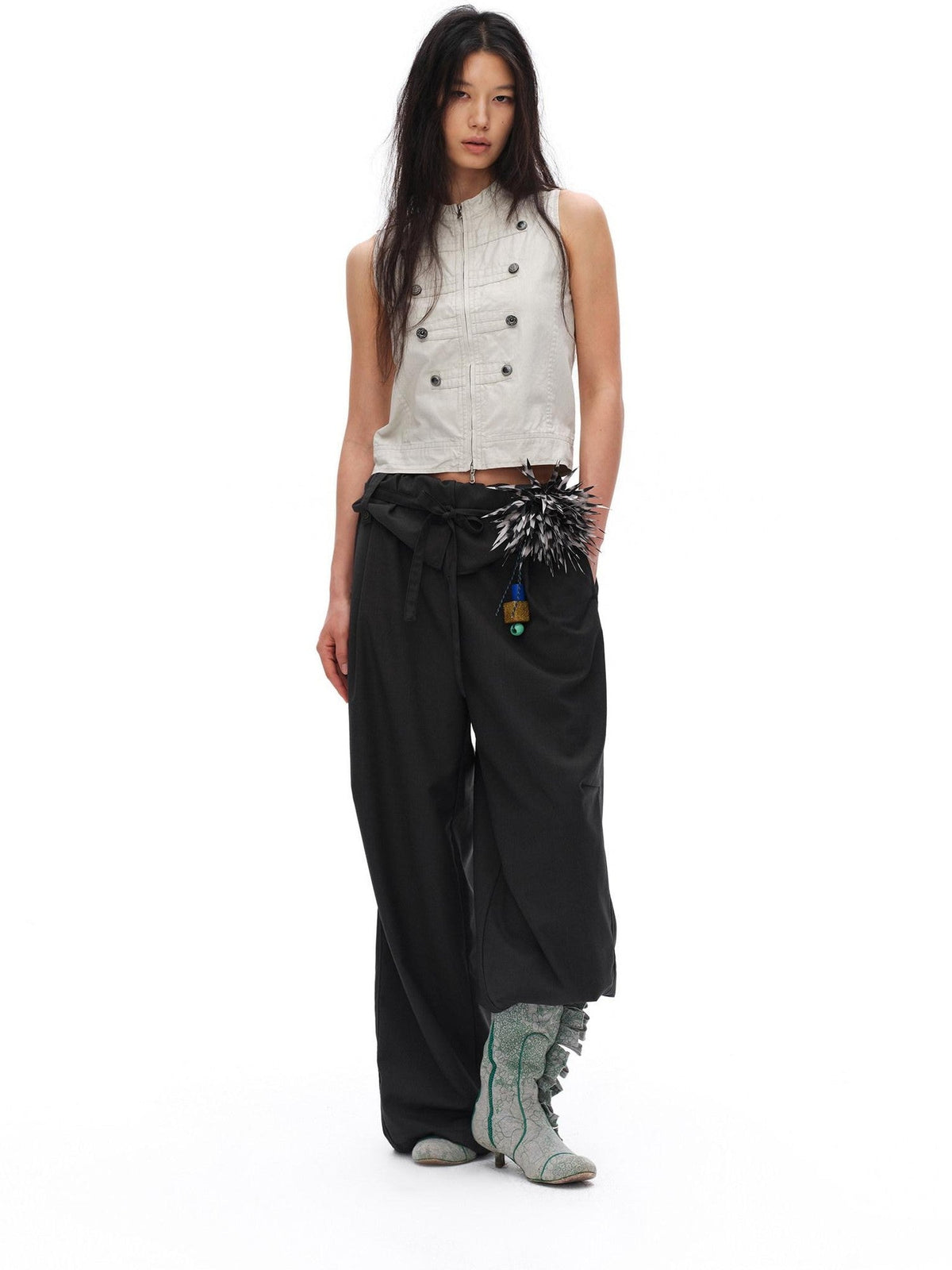 Charcoal Gray Paperbag Tie Waist Women'S Polyester Viscose Wide-Leg Pants