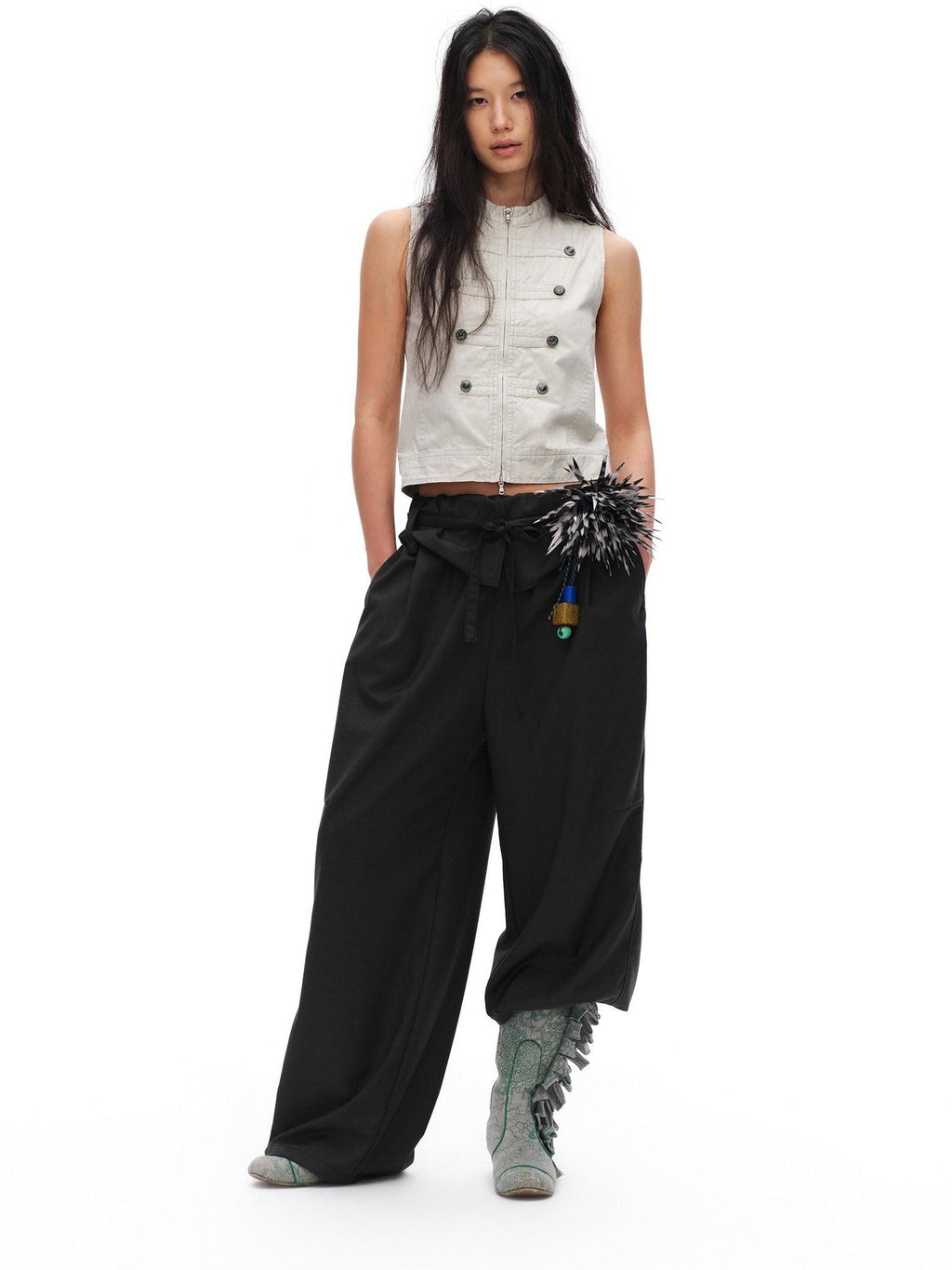 Charcoal Gray Paperbag Tie Waist Women'S Polyester Viscose Wide-Leg Pants