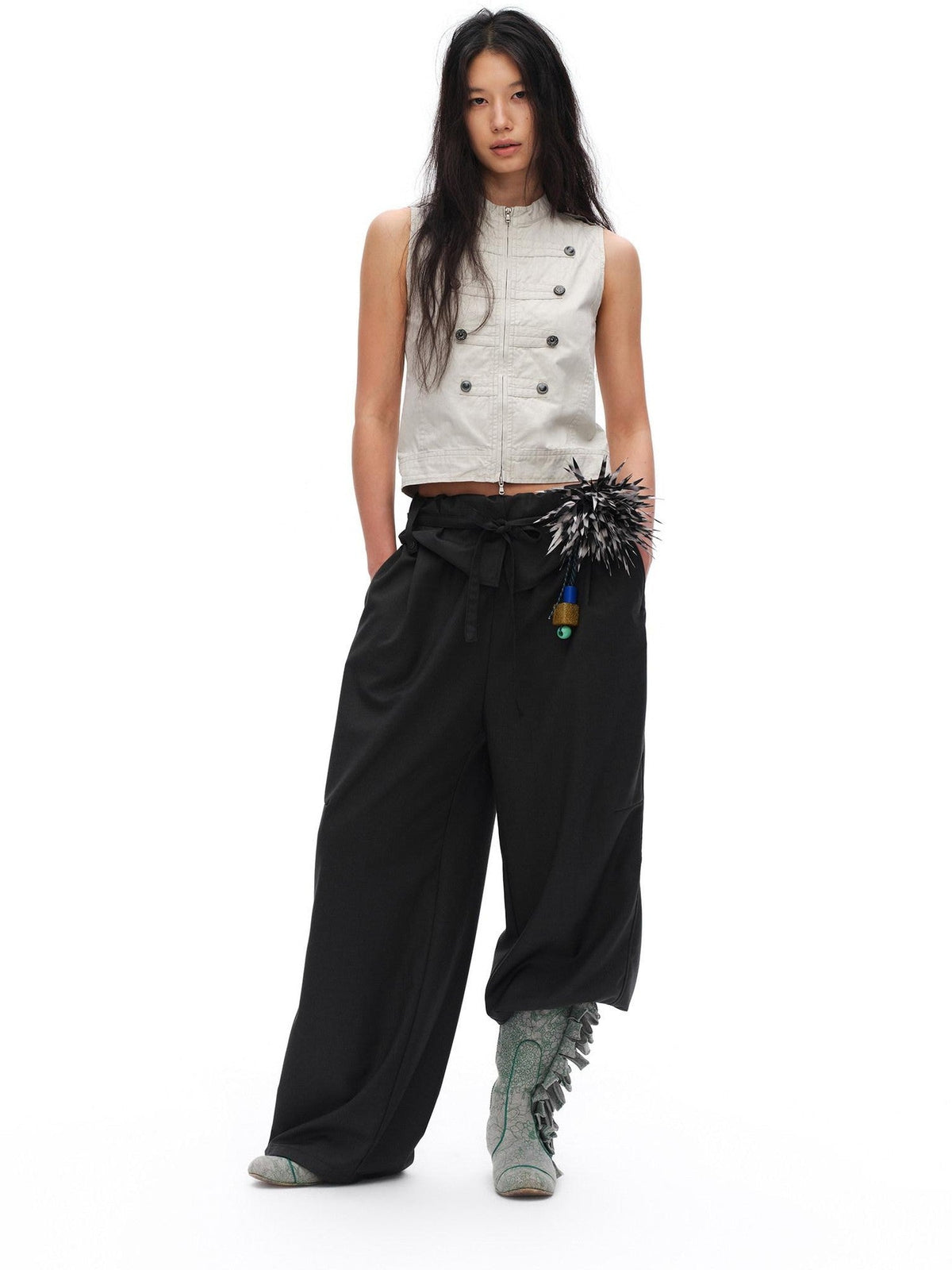 Charcoal Gray Paperbag Tie Waist Women'S Polyester Viscose Wide-Leg Pants