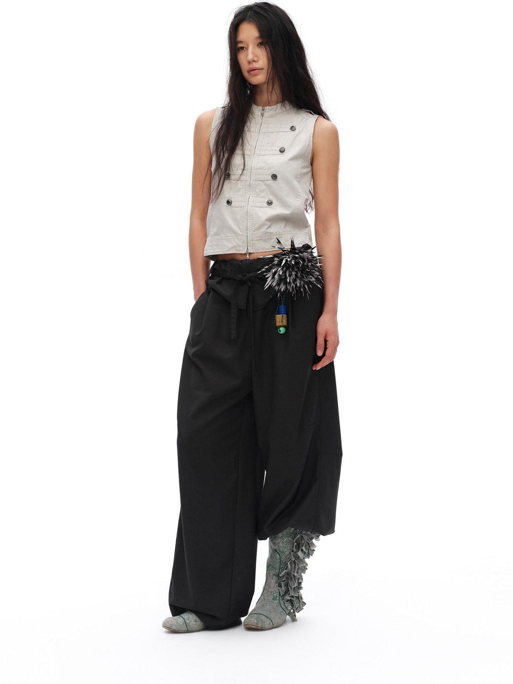 Charcoal Gray Paperbag Tie Waist Women'S Polyester Viscose Wide-Leg Pants