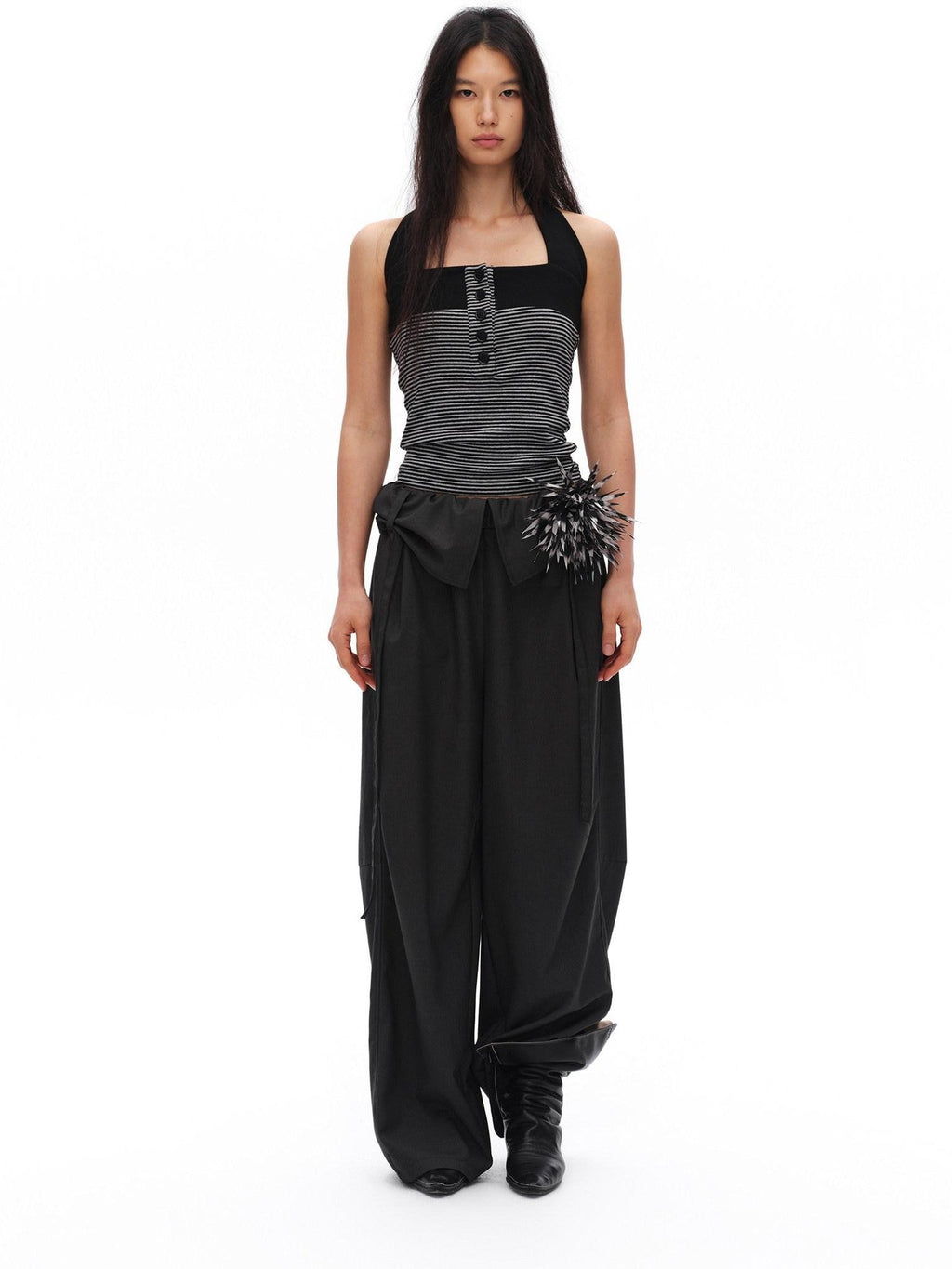 Charcoal Gray Paperbag Tie Waist Women'S Polyester Viscose Wide-Leg Pants