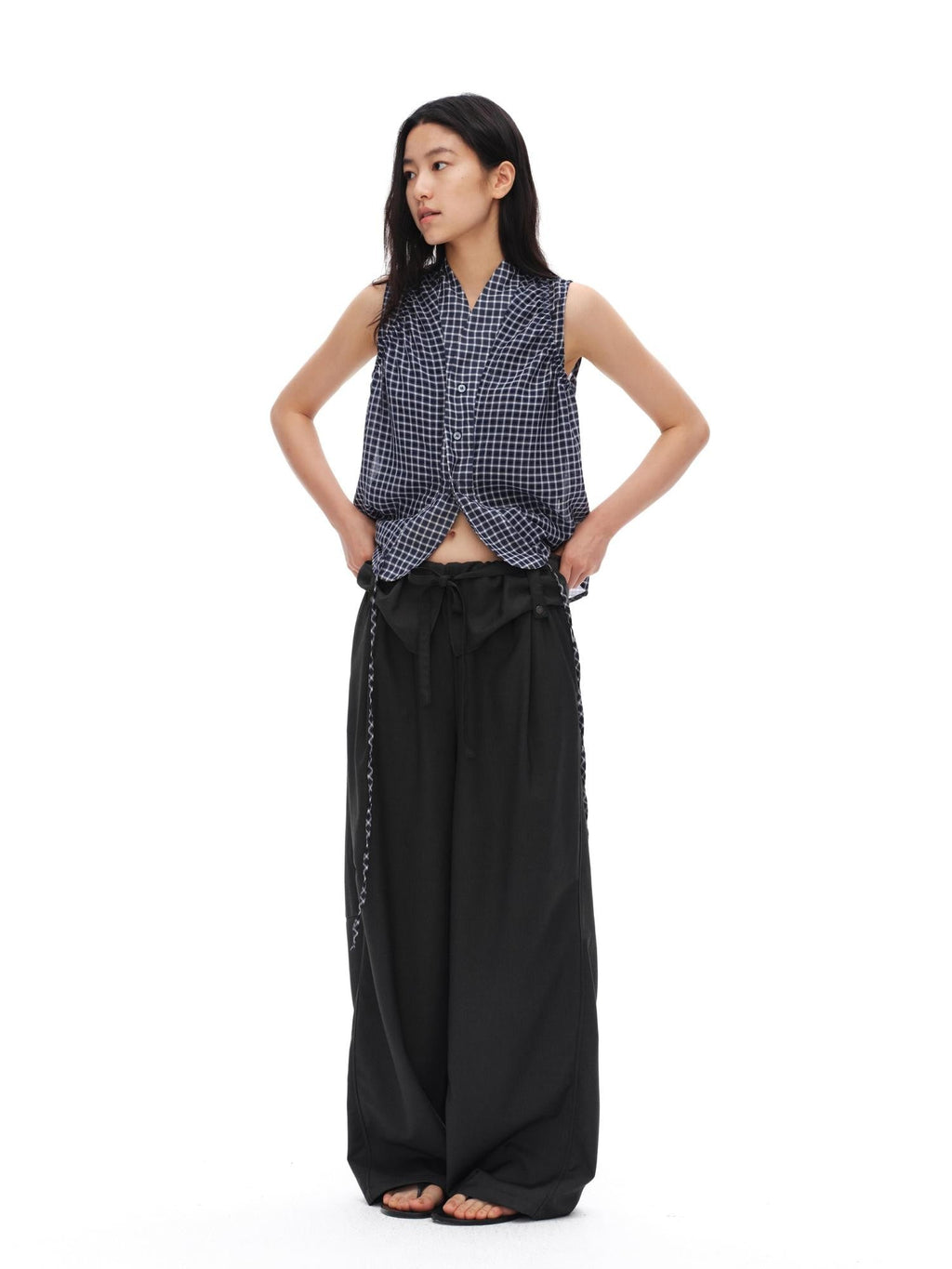 Charcoal Gray Paperbag Tie Waist Women'S Polyester Viscose Wide-Leg Pants