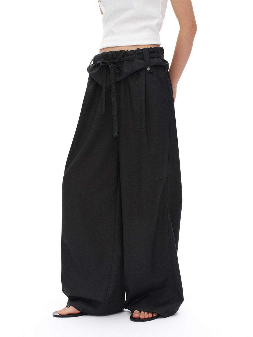Charcoal Gray Paperbag Tie Waist Women'S Polyester Viscose Wide-Leg Pants