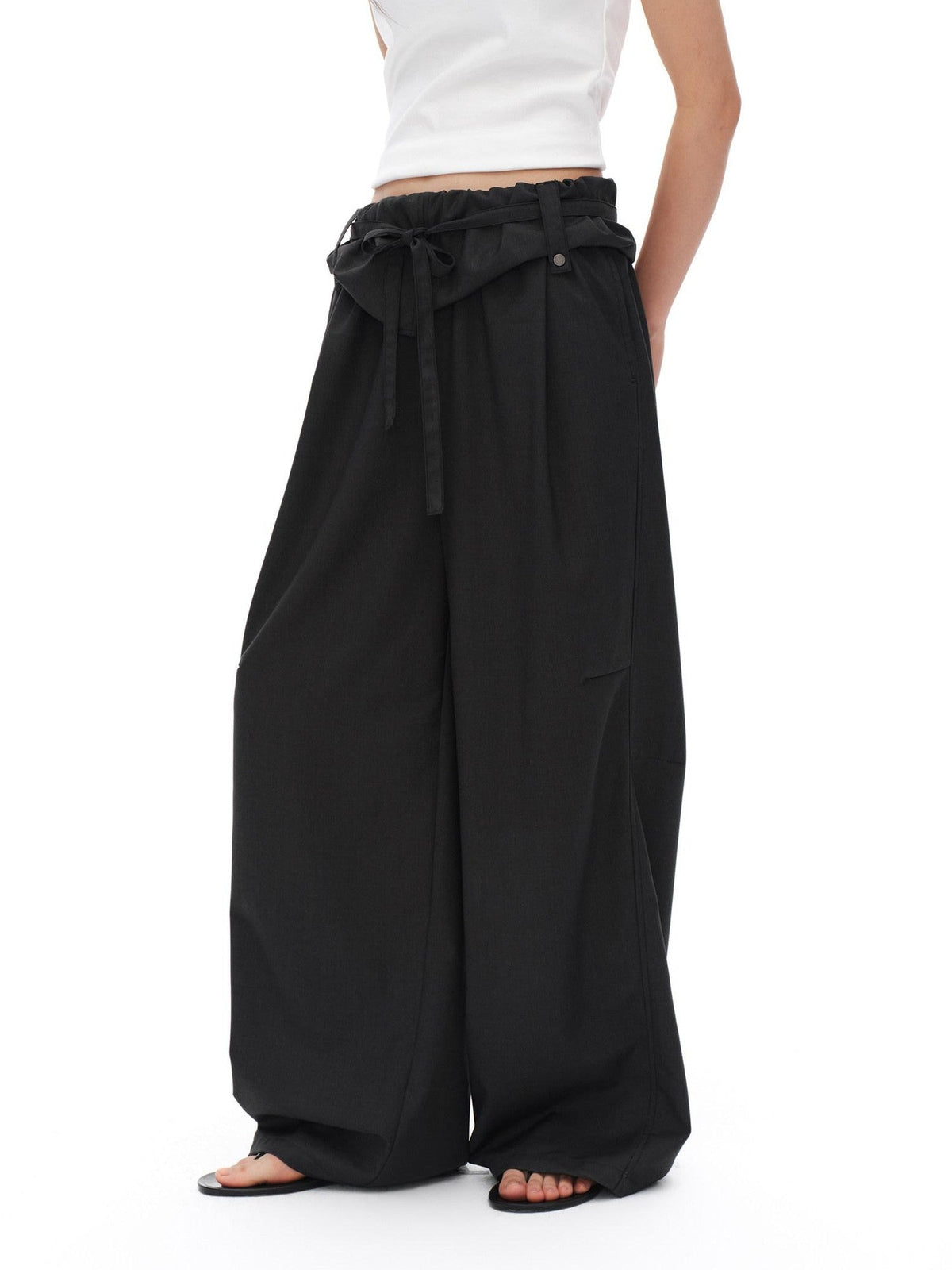 Charcoal Gray Paperbag Tie Waist Women'S Polyester Viscose Wide-Leg Pants