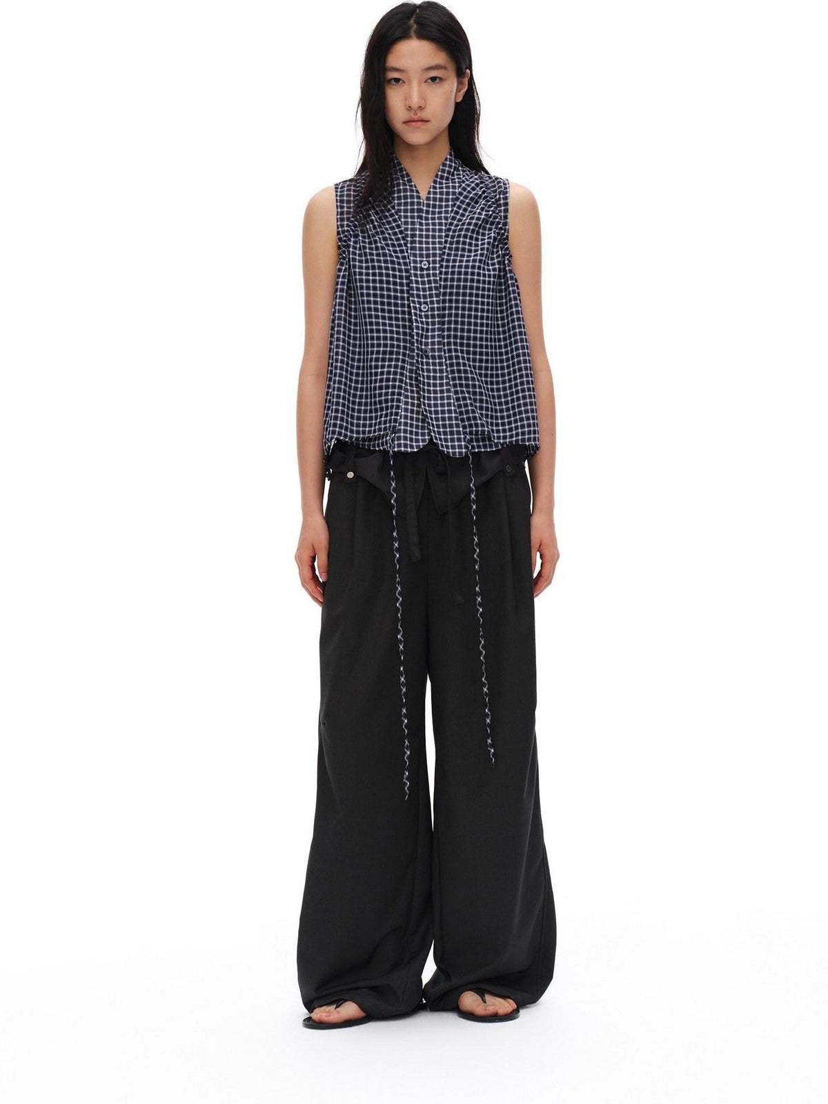 Charcoal Gray Paperbag Tie Waist Women'S Polyester Viscose Wide-Leg Pants