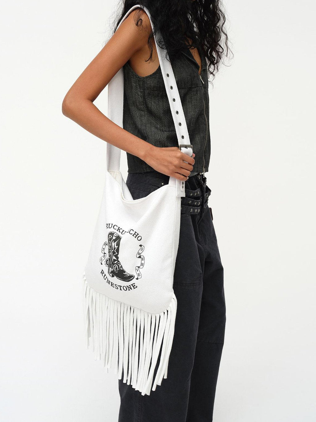 Cowboy Boot Print Fringe Crossbody Bag