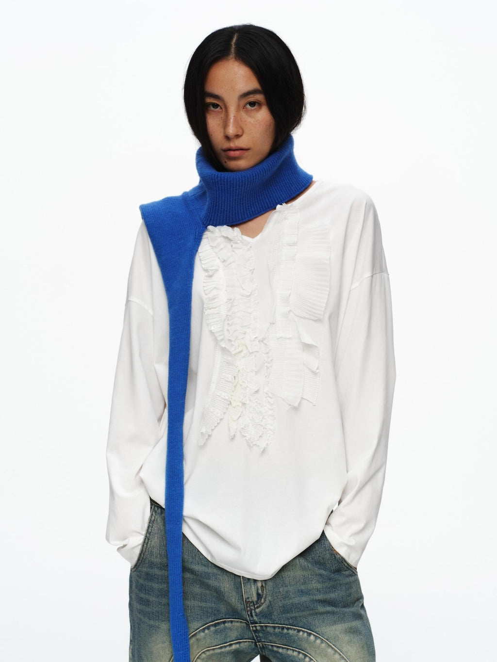 Cozy Warm Cable Knit European Style Unisex Youth Wool Blend Solid Blue Scarf