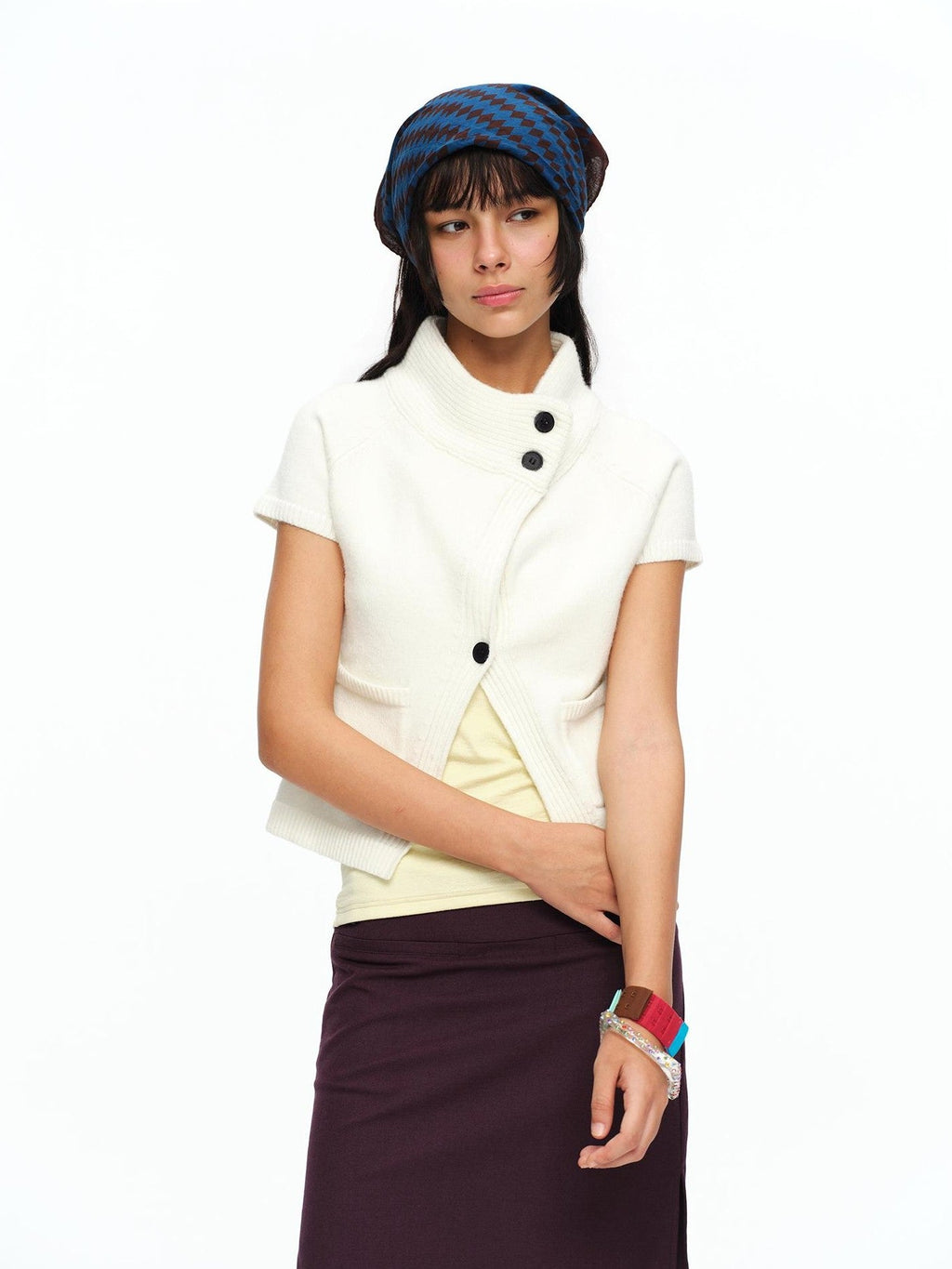 Cream Asymmetric Ribbed Stand Collar Layering Women's Acrylic Boleros & Shrugs
