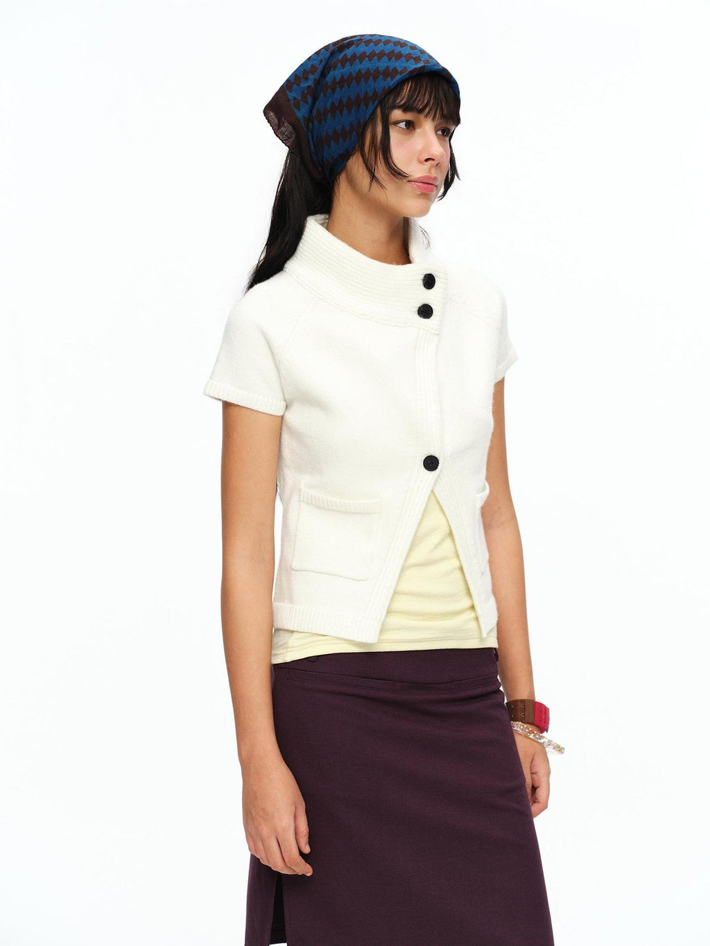 Cream Asymmetric Ribbed Stand Collar Layering Women's Acrylic Boleros & Shrugs