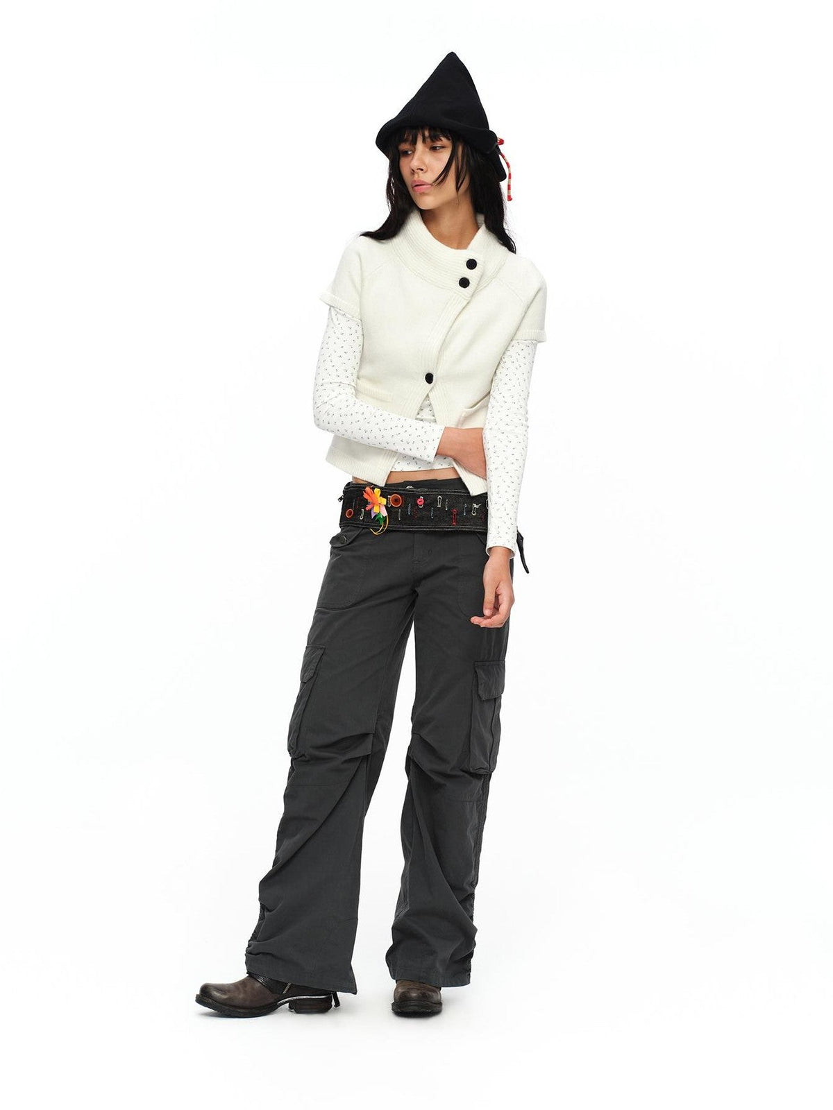 Cream Asymmetric Ribbed Stand Collar Layering Women's Acrylic Boleros & Shrugs