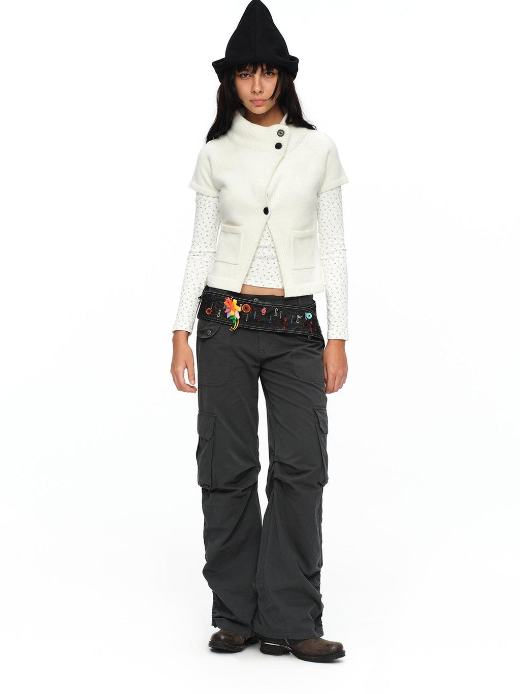 Cream Asymmetric Ribbed Stand Collar Layering Women's Acrylic Boleros & Shrugs