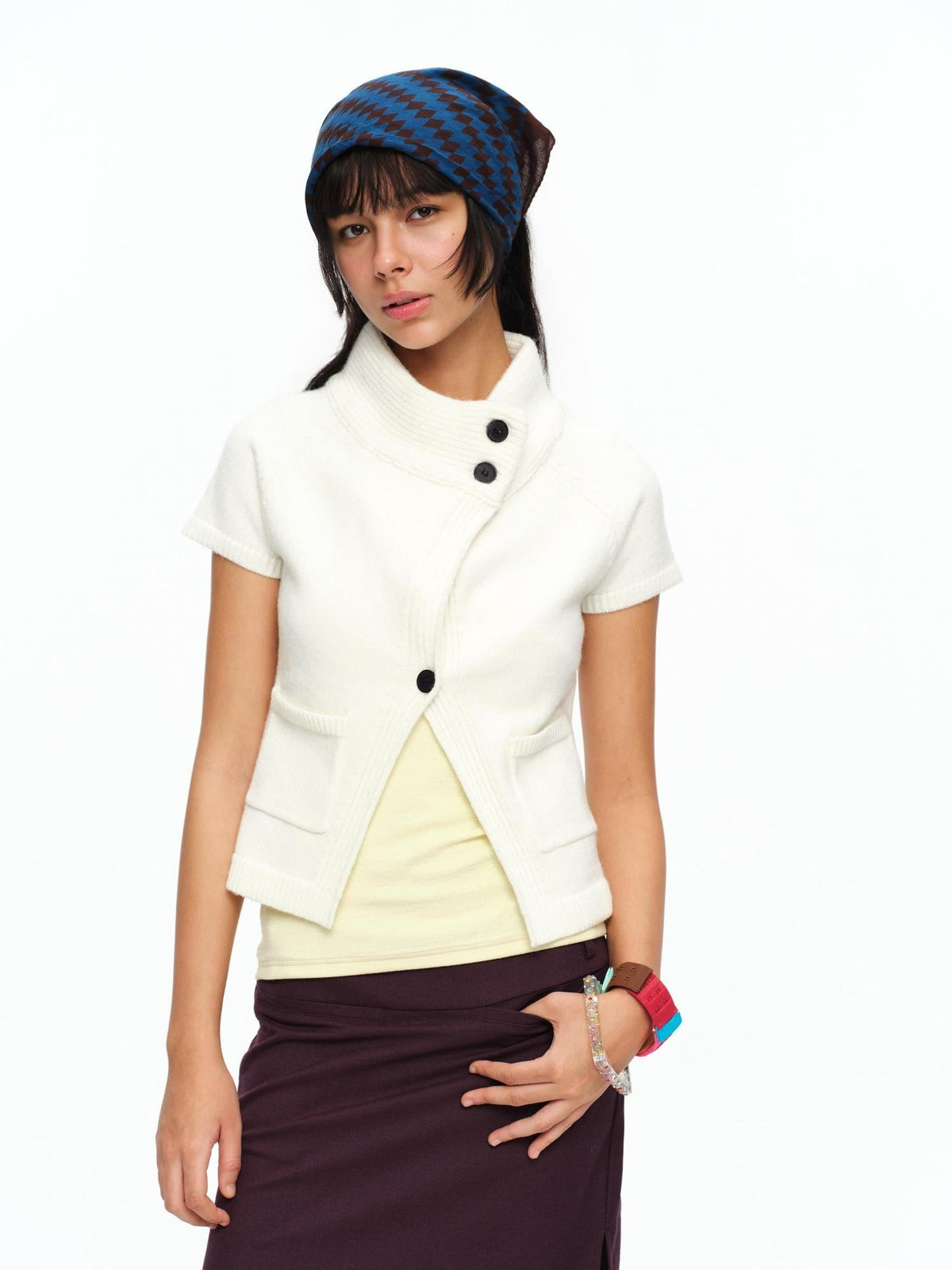 Cream Asymmetric Ribbed Stand Collar Layering Women's Acrylic Boleros & Shrugs