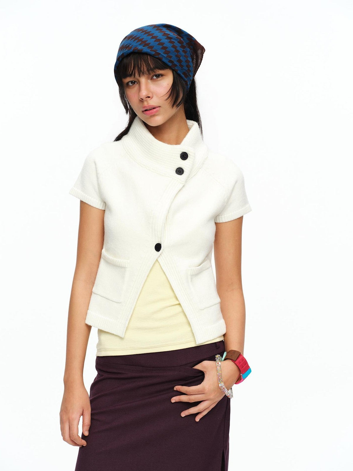 Cream Asymmetric Ribbed Stand Collar Layering Women's Acrylic Boleros & Shrugs